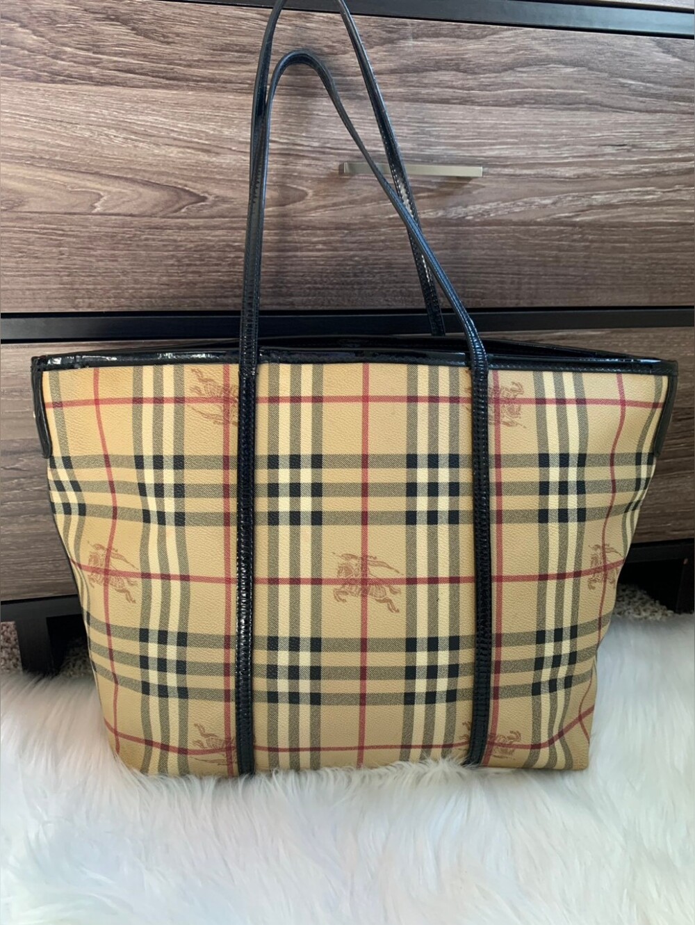 Burberry Light Black/Beige Haymarket PVC and Patent Leather Open Tote